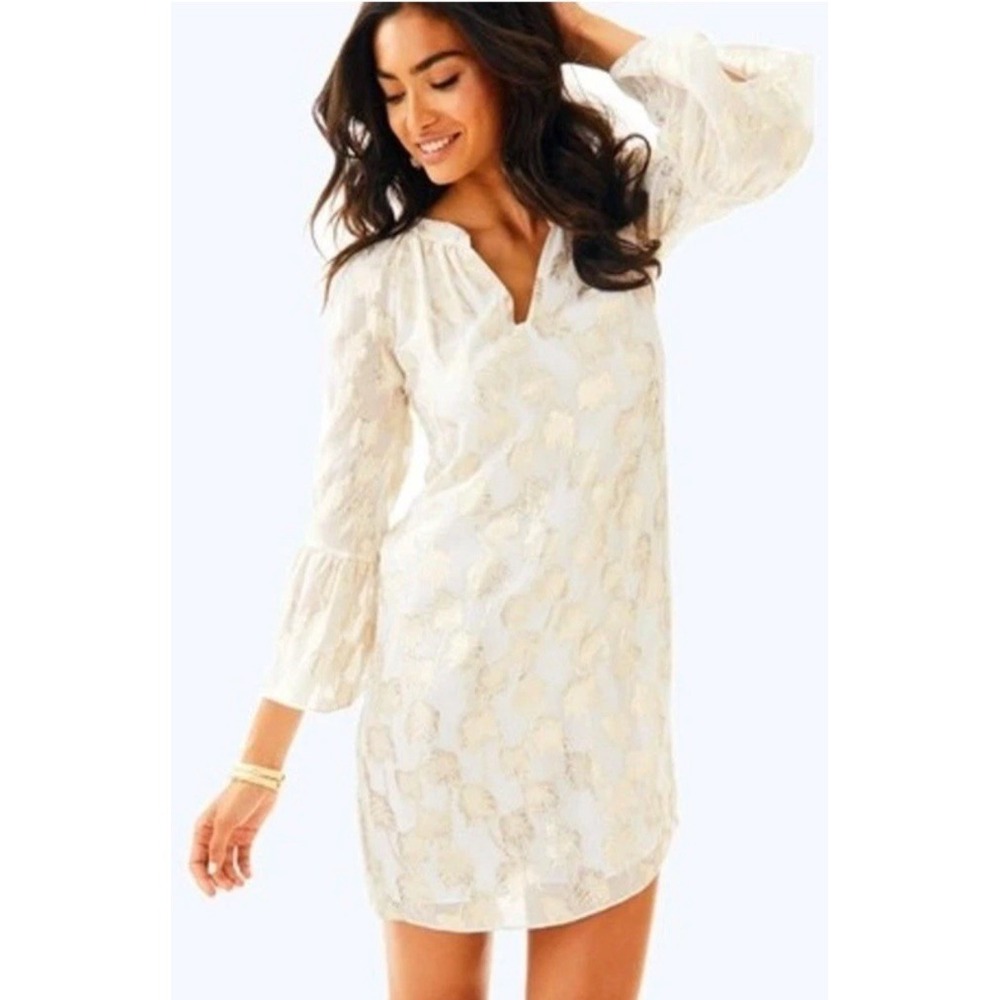 Lilly Pulitzer Matilda Silk Tunic Dress Gold Palm Tree Size Small